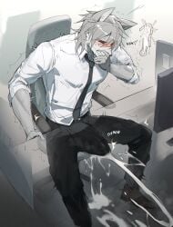 1boy accidental_erection accidental_masturbation anthro black_pants black_tie black_tie_(suit) blush business_attire business_suit businesswear chair closed_eyes closed_eyes clothed clothing cum cum_drip cum_on_floor cum_string cumshot ejaculating ejaculating_cum ejaculation ejaculation_under_clothes erection gay male male_only manly masturbation masturbation_through_clothing muscular muscular_anthro muscular_arms muscular_male notglacier pointlessnut sitting sitting_on_chair sweat tagme teeth teeth_showing tie under_the_table white_shirt wolf wolf_ears wolf_humanoid work work_uniform working