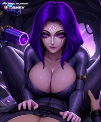 1boy, 1girl, ai_assisted ai_generated artist_request belt, bodysuit, breasts, cleavage, closed_mouth, collarbone, facial_mark, hetero, kai'sa large_breasts, league_of_legends long_hair, looking_at_viewer, patreon_username pink_eyes, pov pov, pov_eye_contact purple_eyes, purple_hair, riot_games smile, solo_focus, spread_legs,