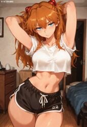 1girls a1exwell ai_generated armpits arms_behind_back asuka_langley_sohryu crop_top dolphin_shorts half-closed_eyes navel neon_genesis_evangelion neopn_genesis_evangelion sfw stable_diffusion