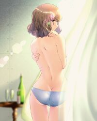 1girls ass back backlighting blue_panties blurry blush bottle breasts brown_eyes brown_hair butt_crack closed_mouth commentary_request cowboy_shot cup curtains depth_of_field dimples_of_venus drinking_glass female from_behind hands_up highres indoors lens_flare looking_at_viewer looking_back medium_breasts original panties profile puriketsu_corgy self_hug short_hair shoulder_blades sidelocks smile solo standing sunlight table thigh_gap topless_female transparent underwear underwear_only wall