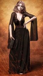 1girls 3d 3d_(artwork) 3d_model 3d_render amber_eyes barefoot brown_hair cleavage dress elden_ring fishnet_clothing fit_female fromsoftware hephaestussd high_resolution highres hourglass_figure long_dress long_skirt marking_below_eyes melina_(elden_ring) nipples_visible_through_clothing one_eye_closed orange_background pinup posing posing_for_the_viewer see-through see-through_clothing see-through_dress short_hair shoulder_length_hair