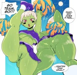 1girls alien alien_girl alien_humanoid anus big_ass big_butt bubble_ass bubble_butt cheelai cheerleader dragon_ball dragon_ball_super female green_body green_skin large_ass large_butt no_panties pink_eyes pussy shybred sweat sweatdrop vagina white_hair