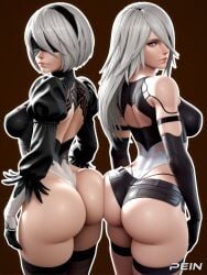 2girls 3d ai_generated android ass ass ass_focus back back_view bare_legs bare_shoulders bare_thighs big_ass big_breasts big_butt color female female_focus female_only hi_res large_breasts light-skinned_female light_skin long_hair looking_at_viewer nier:_automata pein short_hair thick_thighs white_hair yorha_2b yorha_9s