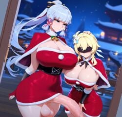 1futa 2girls ai_generated assertive_female bangs blindfold blonde_hair blue_eyes blunt_bangs blush breasts capelet cleavage dress erection fur_trim futa_on_female futa_with_female genshin_impact gloves hair_ornament hair_ribbon hand_on_another's_head huge_breasts imminent_oral kamisato_ayaka large_penis long_hair lumine_(genshin_impact) penis ponytail ribbon santa_costume short_dress smile testicles utanari veiny_penis very_long_hair yuri