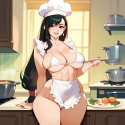 1girls 2d ai_generated apron big_breasts bikini black_hair breasts chef_hat female female_focus female_only final_fantasy final_fantasy_vii hat indoors kitchen long_hair solo solo_female solo_focus tagme tifa_lockhart white_apron white_bikini