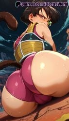 1girls 2025 ai_generated artist_name ass ass_focus breasts breasts breasts brown_hair bust chest dragon_ball dragon_ball_z earrings electroworld female from_behind hi_res high_quality high_resolution highres jewelry looking_back monkey_tail patreon patreon_username seripa short_hair stable_diffusion sweat tail watermark