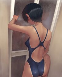 2boys ass black_hair blush breasts clothed_masturbation commentary_request competition_swimsuit covered_nipples female female_masturbation from_behind highleg highleg_one-piece_swimsuit highres kuronami_(lvi) lvi male masturbation medium_breasts multiple_boys one-piece_swimsuit original paid_reward_available public_indecency public_masturbation shiny_skin short_hair showering solo solo_focus standing standing_masturbation standing_on_one_leg swimsuit tan tanlines thighs tomboy wet