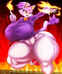 2025 5_fingers anthro big_breasts blaze_the_cat breasts clothing domestic_cat elemental_manipulation eyebrows eyelashes felid feline felis female fingers fire fire_manipulation footwear fur furry hi_res huge_breasts huge_thighs hyper hyper_thighs mammal nightlyflare open_mouth orange_eyes purple_body purple_clothing purple_fur sega solo sonic_(series) sonic_the_hedgehog_(series) tail teeth thick_thighs tongue white_body white_clothing white_fur