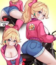 1girls ass bike blonde_hair blue_eyes blush breasts cleavage denim denim_shorts earrings female large_breasts looking_at_viewer mario_(series) mario_kart mario_kart_world moshiedraws nintendo ponytail princess_peach princess_peach_(touring) sitting