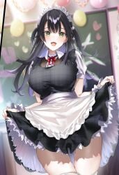 1girls absurdres apron balloon black_dress black_hair blurry blurry_background bow braid breasts buttons chalkboard collared_shirt cowboy_shot dress green_eyes hairbow highres hitotsuba_kaede indoors kakao_(chocolate_land) large_breasts long_hair looking_at_viewer maid maid_headdress neck_ribbon novel_illustration official_art open_mouth pink_nails red_ribbon ribbon ryoushin_no_shakkin shirt short_sleeves skirt_hold solo standing thighhighs two_side_up waist_apron white_apron white_bow white_shirt white_thighhighs zettai_ryouiki