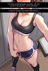 1girls ai_generated atlus brown_hair clothed crimsoncurse edit edited face_out_of_frame female female_only futa_focus futa_only futanari head_out_of_frame indoors legs linea_alba lips locker_room makoto_niijima micropenis navel partially_nude persona persona_5 persona_5_royal selfie shorts shorts_down shorts_pull showing_off small_penis small_penis_humiliation snapchat sports_bra sweat text text_box third-party_edit