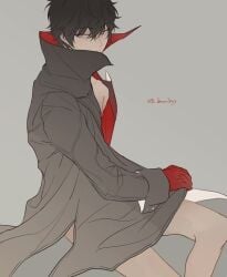 asian_twink black black_coat black_hair hiding_erection hiding_penis joker_(persona) male male_only no_sound no_visible_genitalia persona persona_5 persona_5_royal phantom_thief_suit red red_gloves tagme trenchcoat twink