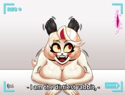 1girls big_breasts blonde_hair breasts camera charlie_morningstar_(hazbin_hotel) cleavage demon demon_girl dialogue female female_only hazbin_hotel normi nude nude_female png recording solo text