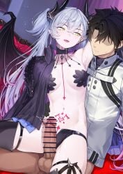 1boy balls black_cloak black_hair black_hands black_panties black_thighhighs body_markings breasts censored choker cloak coffeekite colored_extremities crossed_bangs demon_girl demon_horns demon_wings ear_piercing fate/grand_order fate_(series) female fujimaru_ritsuka_(male) fujimaru_ritsuka_(male)_(decisive_battle_chaldea_uniform) green_eyes grey_hair hair_between_eyes highres horns jacket lilith_(fate) lilith_(second_ascension)_(fate) long_hair long_sleeves looking_to_the_side male medium_breasts navel open_mouth panties penis piercing pointy_ears short_hair smile stomach_tattoo straight tattoo testicles thighhighs thighs twintails underwear very_long_hair white_jacket wings
