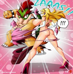 1boy 1girls alternate_breast_size assisted_exposure back_view blonde_hair bowser breasts comic_page elbow_gloves female female_focus gloves high_heels huge_breasts mario_(series) nintendo princess_peach shoes stripped super_mario_bros. tearing_clothes tearing_off_clothes torn_clothes undressing witchking00