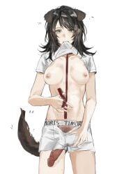 aegyo_sal animal_ears bang_dream! bang_dream!_it's_mygo!!!!! between_breasts black_hair breasts breasts_apart brown_tail clothes_lift collar collarbone commentary cowboy_shot dog_ears dog_girl dog_tail feiyu30903448 female female_pubic_hair flipped_hair futanari girthy_penis grey_eyes highres holding holding_leash kemonomimi_mode leash lifting_own_clothes looking_at_viewer medium_breasts medium_hair mouth_hold navel nipples penis pubic_hair red_collar shirt shirt_lift short_shorts short_sleeves shorts simple_background solo standing straight-on sweat swept_bangs tail teeth white_background white_shirt white_shorts yahata_umiri