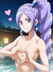 1girls ai_generated breasts earrings female female_only fresh_precure! fresh_pretty_cure! heart heart_gesture light-skinned_female light_skin long_hair magical_girl miki_aono naked nipples nude nude_female onsen precure pretty_cure purple_eyes purple_hair sans_(pixiv_id_35702077) solo toei_animation