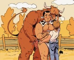 2025 2_horns 5_fingers animal_humanoid anthro areola belly biped black_ears black_eyebrows black_eyes black_hair black_pubes blue_clothing blue_overalls blush bodily_fluids body_hair bovid bovid_humanoid bovine bovine_humanoid breath brown_body brown_ears brown_fur brown_hair brown_penis brown_tail bulge cattle cattle_humanoid chest_hair clothed clothed_humanoid clothed_male clothing cloud continuation_at_paywall day dot_eyes erection eyebrows facial_piercing farm farmer fence fingernails fingers foreskin fur genital_fluids genitals glans group hair hair_over_eyes hand_on_hip horn human humanoid humanoid_genitalia humanoid_hands humanoid_on_anthro humanoid_penis larger_anthro leaning leaning_forward luke_(malacandrax) malacandrax male male/male male_anthro male_human male_humanoid mammal mammal_humanoid moobs multicolored_ears multicolored_penis nails nipples nose_piercing nose_ring nude nude_anthro nude_male outside overalls partially_retracted_foreskin penis piercing pink_areola pink_glans pink_nipples pink_penis plant precum pubes ring_piercing septum_piercing septum_ring shirt short_hair short_horn simple_eyes size_difference skimpy sky slightly_chubby slightly_chubby_humanoid slightly_chubby_male small_horn smaller_human snout standing sweat sweaty_arms sweaty_body sweaty_chest sweaty_face t-shirt tail tail_tuft teeth thick_eyebrows topwear tree trio tuft two_tone_ears two_tone_penis underwear vein veiny_penis white_clothing white_ears white_horn white_shirt white_topwear white_underwear yuto_(malacandrax)
