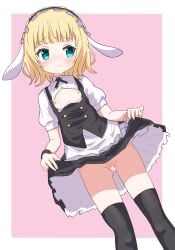 absurdres apron bar_censor black_hairband bottomless breasts breasts_out censored center_frills female fleur_de_lapin_uniform floppy_ears frilled_apron frilled_cuffs frilled_hairband frilled_shirt frills gochuumon_wa_usagi_desu_ka? hairband highres kirima_syaro kishiyuuki lolita_hairband maid pussy shirt small_breasts thighhighs waist_apron waitress white_apron