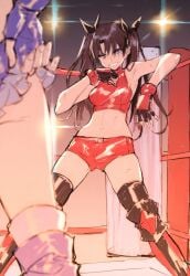 2girls archived_source boots catfight clenched_teeth fate/hollow_ataraxia fate/stay_night fate_(series) fingerless_gloves gloves hair_ribbon luviagelita_edelfelt multiple_girls official_alternate_costume ribbon saitou_masatsugu short_shorts shorts solo_focus teeth thighhighs tohsaka_rin wrestling_boots wrestling_outfit wrestling_ring