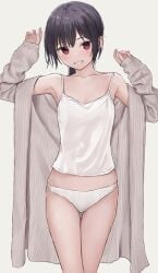 1girls akipeko armpits black_hair blush breasts camisole coat collarbone grey_coat grin highres legs_together looking_at_viewer original panties red_eyes ribbed_coat simple_background small_breasts smile solo thigh_gap underwear white_background white_camisole white_panties