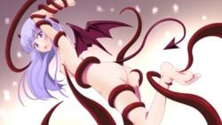 ass blush breasts cute_fang demon_girl demon_horns demon_tail demon_wings feet female gradient_background horns new_game! nipples nude open_mouth purple_eyes purple_hair small_breasts suzukaze_aoba tail takefumi tentacle wings