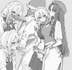 2girls apron blush bow bowtie braid braided_sidelock breasts censored cum dress embodiment_of_scarlet_devil erection female frills futa_with_female futanari green_bow green_bowtie green_hat green_vest hairbow hat hat_ornament highres hong_meiling intersex izayoi_sakuya large_penis long_hair maid maid_apron maid_headdress multiple_girls no_testicles open_mouth penis precum puffy_short_sleeves puffy_sleeves sarukana shirt short_hair short_sleeves side_braids simple_background smile star_(symbol) star_hat_ornament touhou twin_braids veins veiny_penis vest white_background white_headdress white_shirt