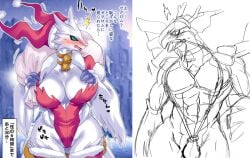 aisaredogtoneko blue_eyes blush breasts bulge christmas christmas_outfit clothing female generation_5_pokemon male pokemon pokemon_(species) reshiram sketch surprised unfinished white_body zekrom