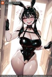 :d ai_generated animal_ears asmutcriminal bangs bare_legs bare_shoulders black_gloves black_hair black_leotard blush breasts choker cleavage curtains earrings eyebrows_visible_through_hair fake_animal_ears female flower gloves hair_between_eyes hair_flower hair_ornament hairband heart holding indoors jewelry large_breasts leotard long_hair looking_at_viewer mole_on_thigh open_mouth playboy_bunny rabbit_ears rabbit_tail red_eyes skindentation smile solo sweat tagme tail thick_thighs thighs tongue window
