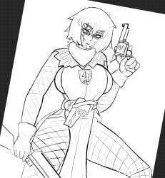 1girls breasts clothed female fishnets glassedsand grave/digger gun holding_gun medium_breasts original_character revolver roblox roblox_game robloxian short_hair shotgun sketch soldat_(grave/digger) tagme thighs weapon