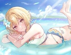 1girls 2d 2d_(artwork) alternate_costume blonde_hair day female female_focus female_only flowers flowers_in_hair genshin_impact high_resolution highres light-skinned_female light_skin looking_at_viewer lumine_(genshin_impact) lumine_(hot_springs)_(genshin_impact) lying lying_down naya_nya23 ocean official_alternate_costume outdoors short_hair sky slim_girl solo solo_female solo_focus summer water white_flowers yellow_eyes young younger_female