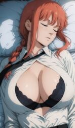 ai_generated big_breasts black_bra bra chainsaw_man lxlbanner makima_(chainsaw_man) red_hair sleeping