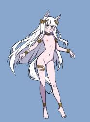 alternate_costume animal_ears arknights barefoot blue_background blush bracelet chinese_commentary cleft_of_venus commentary_request completely_nude female gold gold_anklet gold_armlet gold_belt gold_bracelet gold_collar halo highres horse_ears horse_girl horse_tail hydrogina jewelry large_variant_set laurel_crown long_hair looking_at_viewer nipples nude platinum_(arknights) purple_eyes pussy ringed_eyes simple_background smile solo tail vanripper_(style) variant_set white_hair