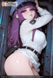 ai_generated ass bangs belt belt_buckle blunt_bangs blush breasts buckle dollmaker female gun hat long_hair long_sleeves looking_at_viewer lying parted_lips peaked_cap police police_hat police_uniform pouch purple_eyes purple_hair rifle shirt sidelocks smile solo tagme thighs weapon
