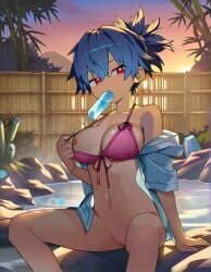 ai_generated bikini_pull bikini_top bikini_top_only blue_hair bottomless button_down_shirt female female flashing flashing_nipple half-closed_eyes hotsprings large_breasts long_sleeves looking_at_viewer nipple onsen open_shirt pink_bikini_top popsicle popsicle_in_mouth pussy red_eyes short_hair sitting slim solo spread_legs sunset tied_hair zorkpics