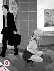 1boy bag commentary_request controller female greyscale highres holding holding_bag implied_vibrator kakuremino7928 large_variant_set long_hair miniskirt monochrome open_mouth original outdoors paid_reward_available pleated_skirt pussy_juice remote_control remote_control_vibrator sailor_collar sailor_shirt school_uniform serafuku sex_toy shirt shoes skirt socks solo_focus squatting tearing_up tiptoes trembling variant_set vibrator wireless_sex_toy_controller