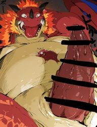 2024 absurd_res animal_genitalia anthro back_wings belly belly_squish big_dom_small_sub blood blush blush_lines bodily_fluids censored dominant dong_mountain_(character) dragon dripping duo erection extreme_size_difference facial_horn fire flaming_hair flaming_mane genital_fluids genital_slit genitals hand_behind_head hi_res horn ineffective_censorship iwbsb_kuma japanese_description japanese_text kobold larger_male lying lying_on_another male male/male moobs muscular muscular_anthro muscular_male mythological_creature mythological_scalie mythology nose_horn nosebleed on_back on_front open_mouth open_smile overweight overweight_anthro overweight_male pecs precum precum_drip pseudo_hair pseudo_mane scalie sharp_teeth size_difference slit_penis smaller_male smile squish teeth text tongue tongue_out tusks wide_eyed wings