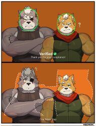2026 absurd_res anthro black_claws black_clothing black_nose black_shirt black_tank_top black_topwear canid canine canis claws clothing collar comic crossed_arms digital_drawing_(artwork) digital_media_(artwork) duo english_description english_text exclamation_point eye_patch eyebrows eyewear face_verification_meme fox fox_mccloud front_view fur green_clothing green_shirt green_topwear grey_body grey_fur hi_res male male/male mammal meejikom meme muscular muscular_anthro muscular_arms muscular_male nintendo orange_background orange_body orange_fur raised_eyebrow red_scarf scarf shirt simple_background star_fox surprised tank_top text topwear verification white_body white_eyebrows white_fur wolf wolf_o'donnell
