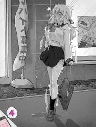 bag commentary_request controller female greyscale highres holding holding_bag implied_vibrator kakuremino7928 large_variant_set long_hair miniskirt monochrome open_mouth original outdoors paid_reward_available pleated_skirt pussy_juice remote_control remote_control_vibrator sailor_collar sailor_shirt school_uniform serafuku sex_toy shirt shoes skirt socks solo standing tearing_up tiptoes trembling variant_set vibrator wireless_sex_toy_controller