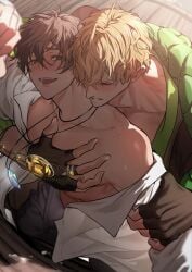 2boys ahoge anal bite_mark black_gloves black_hair black_pants blonde_hair blush brown_eyes brown_hair clenched_teeth closed_eyes clothes_pull collarbone collared_shirt convenient_censoring crystal crystal_necklace cum doggy_style drunk eiden_(nu_carnival) fingerless_gloves gem gloves grabbing_from_behind green_jacket groping hand_on_another's_chest highres holding_another's_arm implied_sex jacket jewelry kneeling looking_at_another male_focus miyamoyan multiple_boys muscular muscular_male necklace nipples nu_carnival off_shoulder open_clothes open_mouth open_shirt pants pants_pull pectoral_grab pectorals quincy_(nu_carnival) ring saliva sex sex_from_behind shirt short_hair single_bare_shoulder smile sweat teeth white_shirt yaoi yellow_gemstone