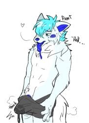 anthro aroused aroused_face bodily_fluids bottomwear breath canid canine canis clothing demi_(demirramon) dripping fox foxpudding genital_fluids hi_res hybrid male mammal panting pants pent_up precum precum_drip saliva saliva_drip saliva_on_tongue solo wolf