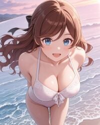 2025 ai_generated beach blue_eyes brown_eyebrows brown_hair_female instagram meta not_porn pekoillust pink_swimsuit unknown_character wet_body wet_skin wet_swimsuit