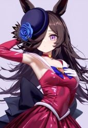 ai_generated animal_ears armpits black_hair cosplay female hair_covering_eye hat horse_girl purple_eyes rice_shower_(umamusume) umamusume umamusume_pretty_derby