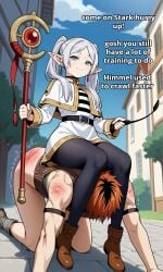 ai_assisted ai_generated brown_hair dehumanization female femdom frieren green_eyes human_chair human_pony ponyplay riding_crop saddle slave sousou_no_frieren stark_(sousou_no_frieren) whip_marks white_hair