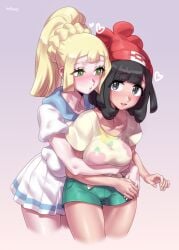 2girls beanie big_breasts black_eyes black_hair blonde_hair blush breasts green_eyes lillie_(pokemon) mizuumi_(bb) nintendo open_mouth pokemon pokemon_sm ponytail red_beanie selene_(pokemon) shorts skirt white_skirt yuri