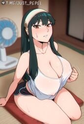ai_generated bare_shoulders black_hair black_shorts blurry blush breasts cleavage collarbone covered_nipples cushion dolphin_shorts earrings electric_fan english_text female hairband huge_breasts indoors jewelry large_breasts long_hair looking_at_viewer nipples parted_lips red_eyes see-through seiza short_shorts shorts sidelocks sitting solo spy_x_family sweat tank_top thighs white_hairband white_tank_top yor_briar yor_forger