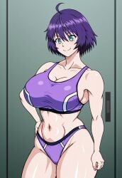 1girls absurdres ahoge ai_generated arm_support big_breasts blush breasts building cleavage cloud collarbone curtains female green_eyes highres holding house huge_breasts large_breasts looking_to_the_side midriff naruho navel pole power_lines purple_hair purple_shirt purple_shorts purple_sky shirt short_hair shorts wide_hips yukino_akaihi yukino_memories zel-sama