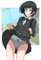 1girls absurdres backpack bag black_hair blurry blurry_background blush brown_eyes clothes_lift commentary grey_panties highres long_sleeves original outdoors panties pleated_skirt school_uniform short_hair skirt skirt_lift solo standing symbol-only_commentary tuskryo underwear wind wind_lift