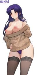 absurdres arm_behind_back artist_name bare_shoulders black_thighhighs blush breasts brown_eyes brown_sweater commentary dress female hand_on_own_hip highres katsuragi_misato large_breasts long_hair looking_to_the_side neon_genesis_evangelion ninai nipples panties purple_hair purple_panties simple_background solo sweater sweater_dress thighhighs thighs underwear variant_set white_background