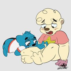 anthro ass cartoon_network chubby feline fondling gumball_watterson hamster mammal penis playing precum rodent sandune simple_background slightly_chubby steven_universe the_amazing_world_of_gumball tradcartoons_studios